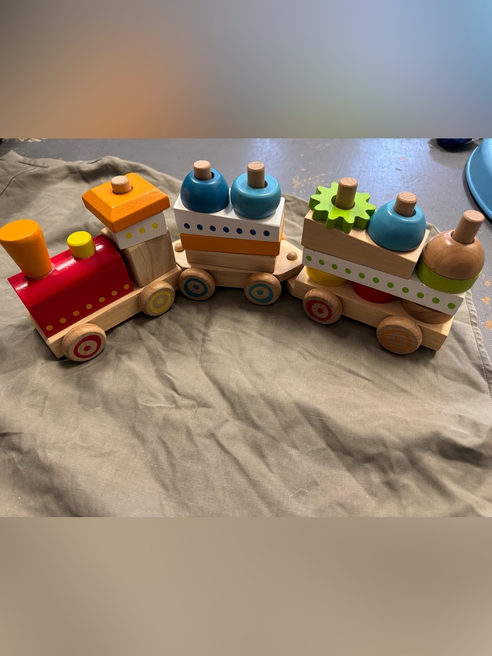 wooden 3-car stacking train, and numerous stackable blocks
